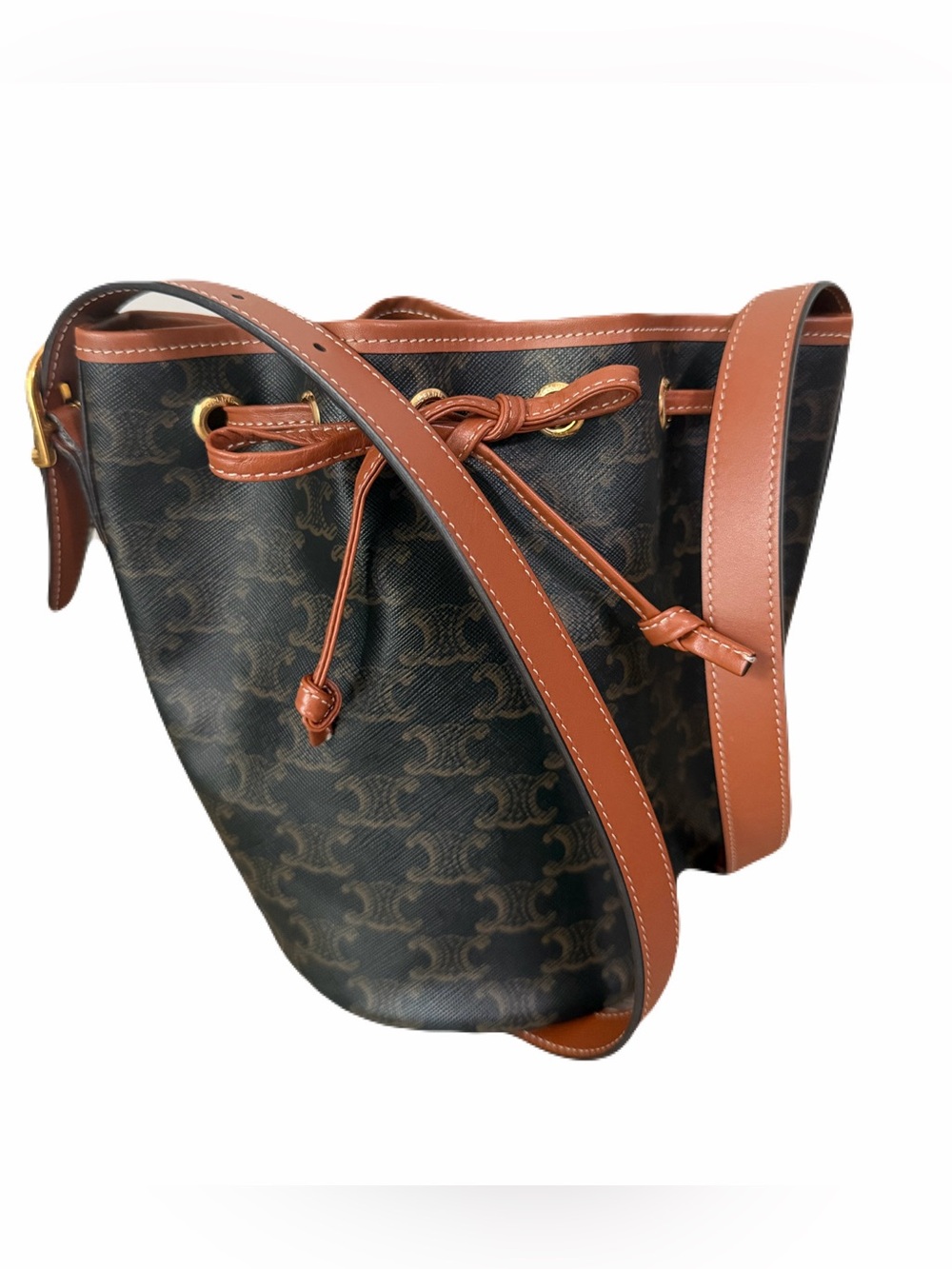 Celine Brown Monogram Coated Canvas Bucket Bag with Tan Leather Trim